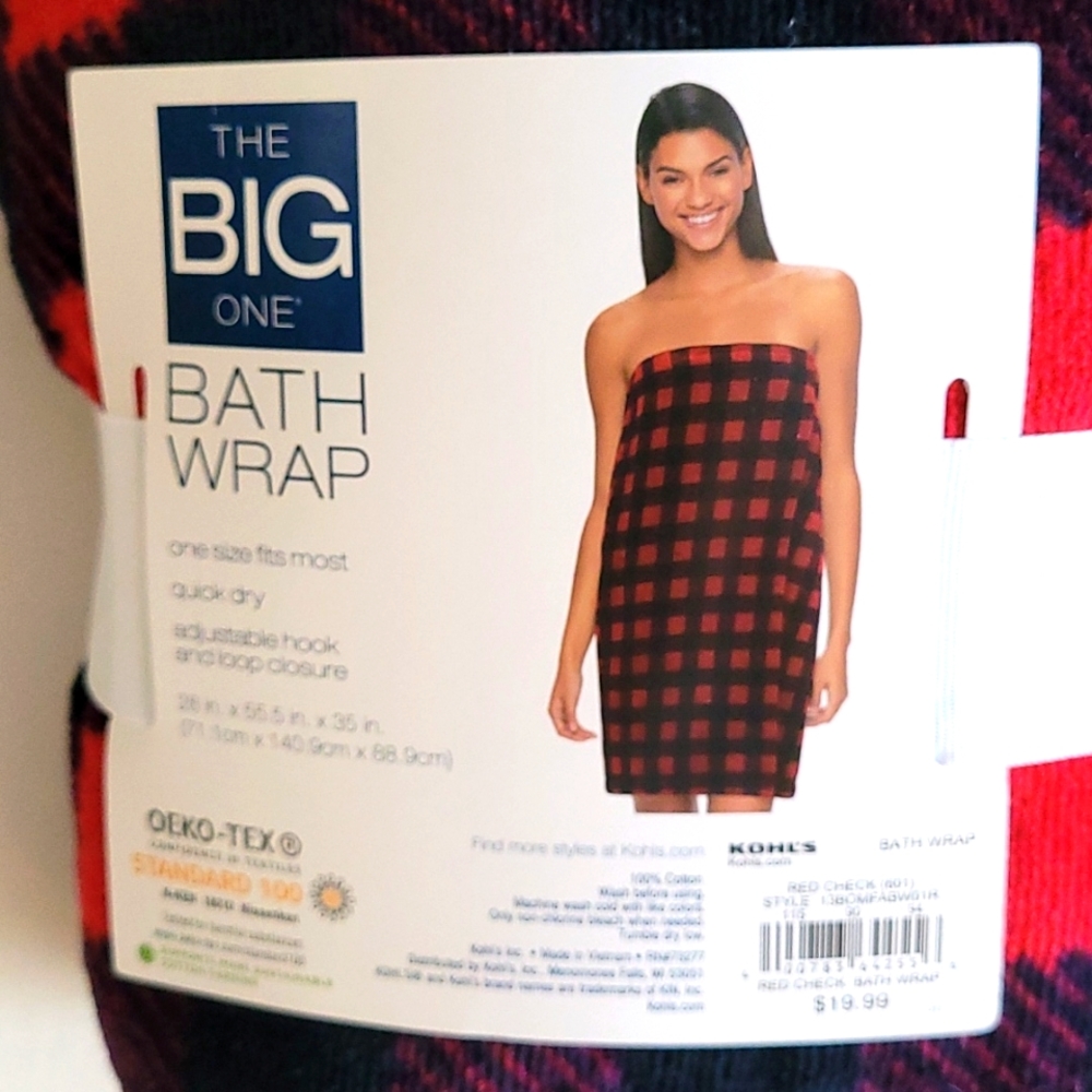 BIG BATH WRAP ONE SIZE 100% COTTON RED BLACK CHECK ROBE